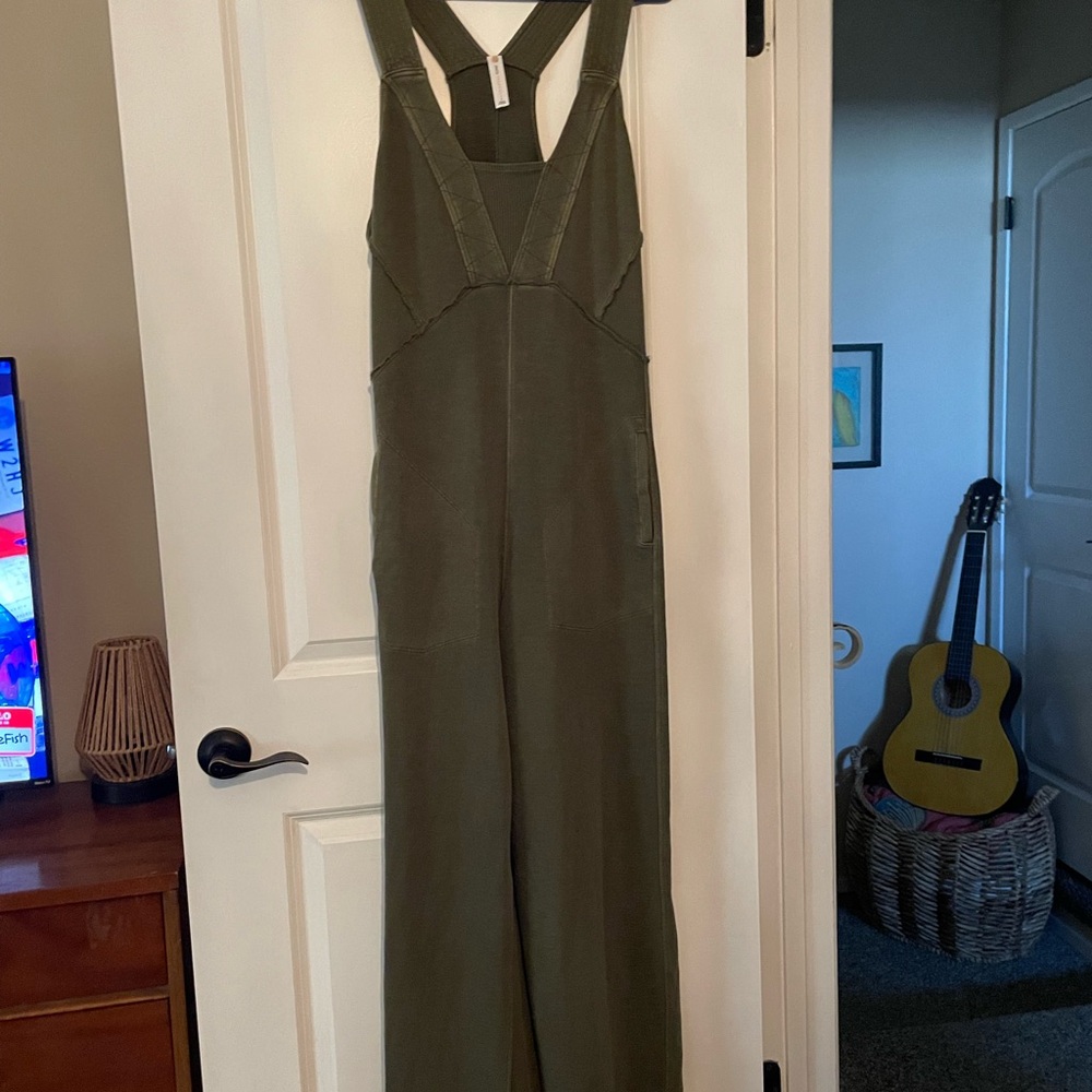Anthropologie Palmra Moss Green Racerback Jumpsuit with Wide-Leg Design